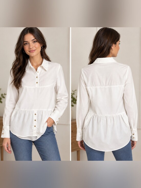 SSYS Tops - SSY The Label Long Sleeve Women's White Button-Front Peplum Shirt Size S